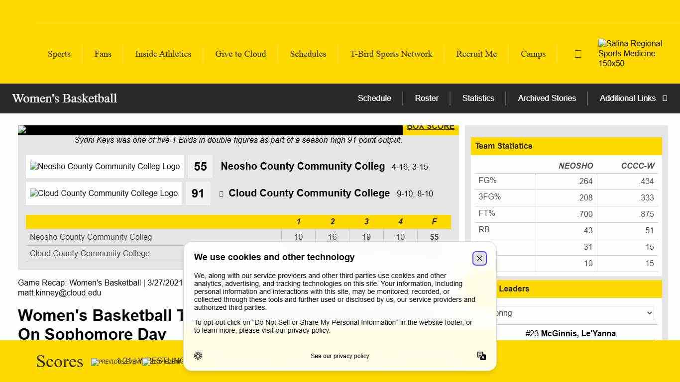 Women's Basketball Takes 91-55 Decision Over Neosho On Sophomore Day - Cloud County Community College